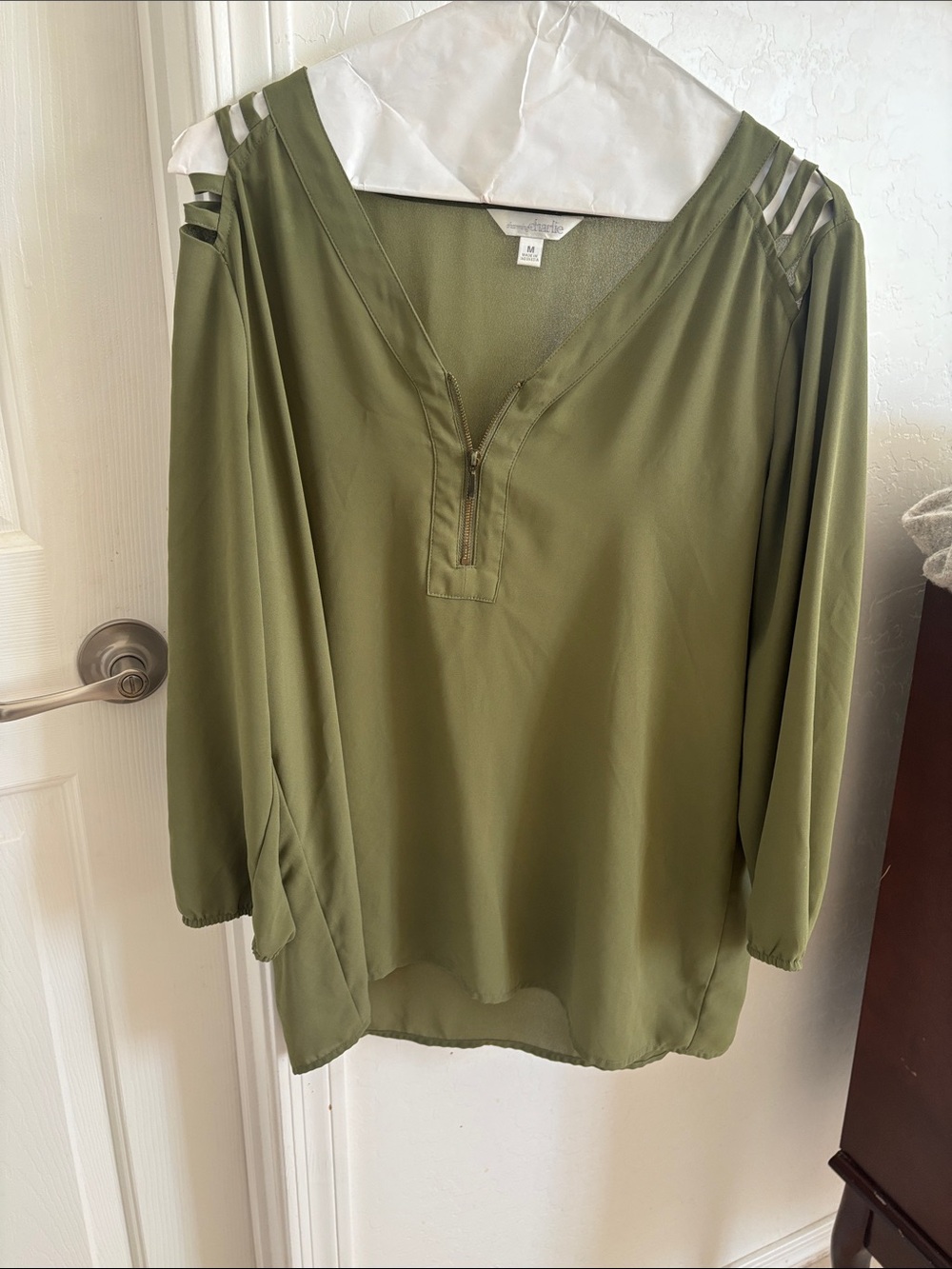 Olive Green Women's V-Neck Blouse with Shoulder Cutouts